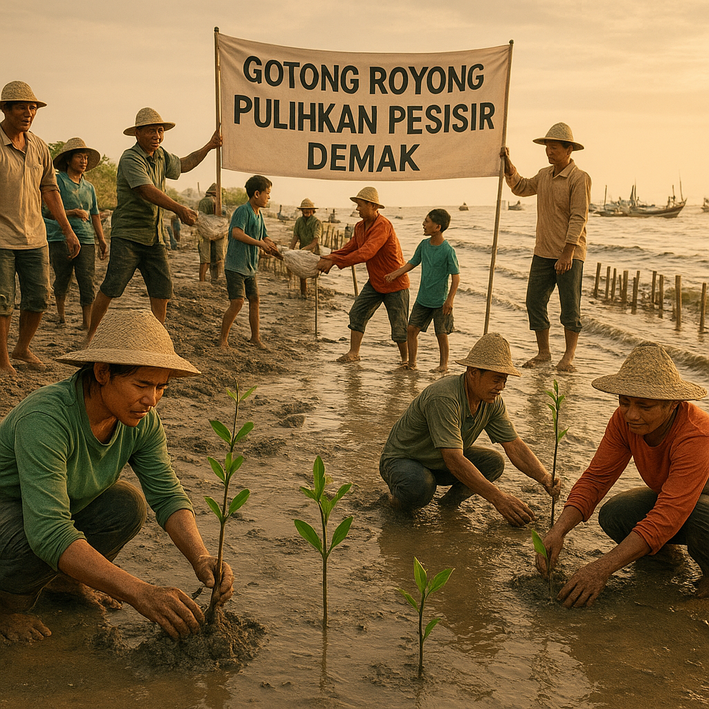 Gotong Royong Warga Pulihkan Pesisir yang Terdampak Erosi di Demak