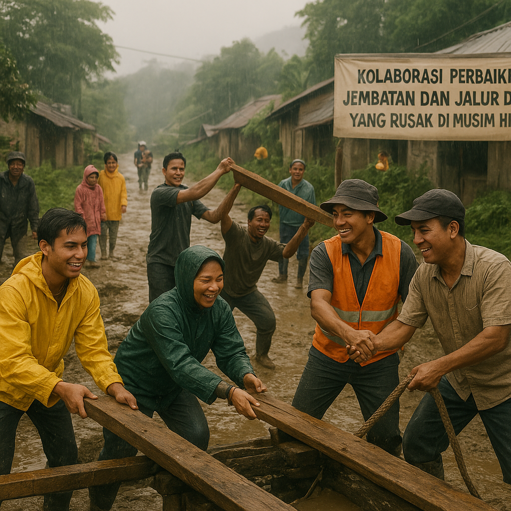 Kolaborasi Perbaiki Jembatan dan Jalur Desa yang Rusak di Musim Hujan