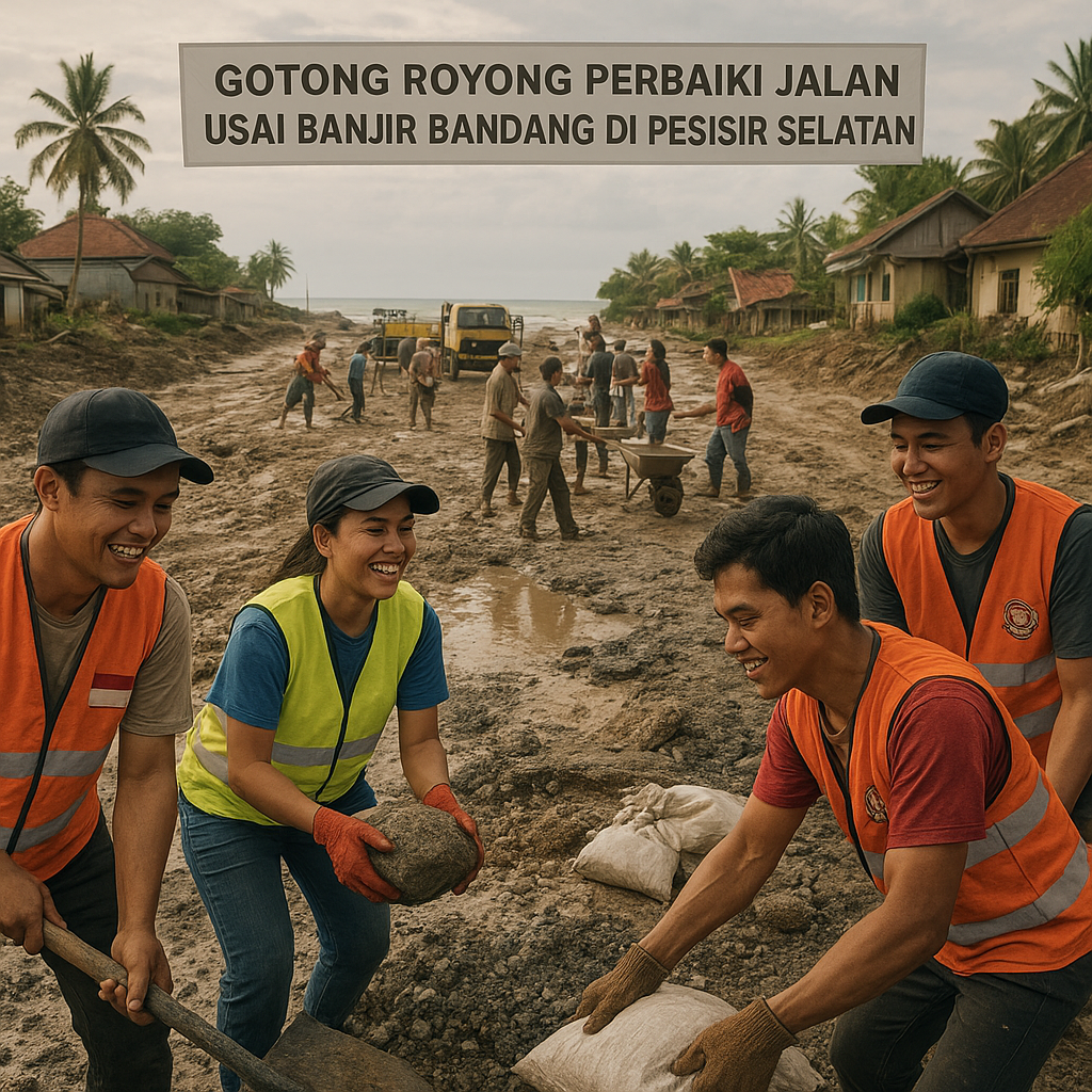 Gotong Royong Perbaiki Jalan Usai Banjir Bandang di Pesisir Selatan