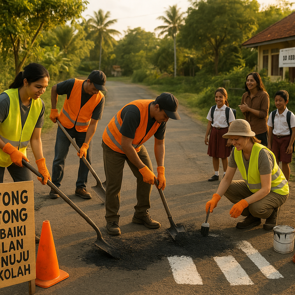 Gotong Royong Perbaiki Jalan Menuju Sekolah: Aksi Relawan Penambalan Lubang dan Pemasangan Peringatan