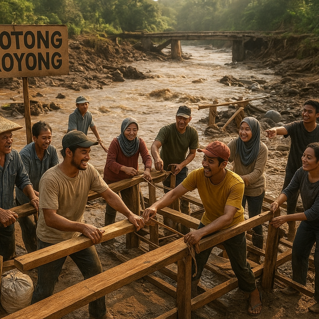 Gotong Royong Bangun Jembatan Darurat Pasca-Banjir Bandang di Garut